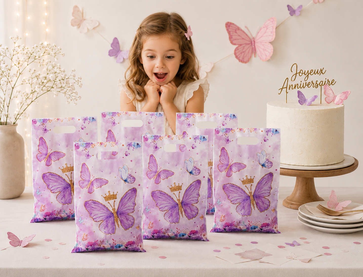 Sac cadeau anniversaire | Papillon Rose ou Lilas | lot de 20