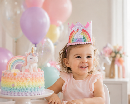 Felt Rainbow Theme Birthday Party Crown 1st 2nd 3rd Happy Birthday Party Decor Kids Baby Shower Party Number Hat Unicorn Party