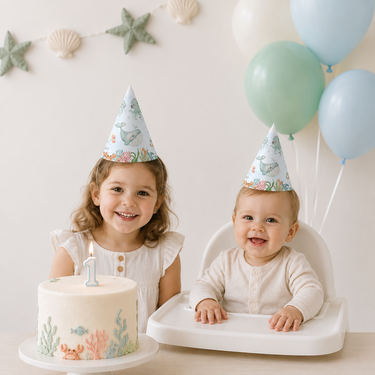 6pcs/set Sea Animal Party Hat Cartoon Under the Water Animal Paper Hats For Happy Birthday Party Decoration DIY Gifts Supplies