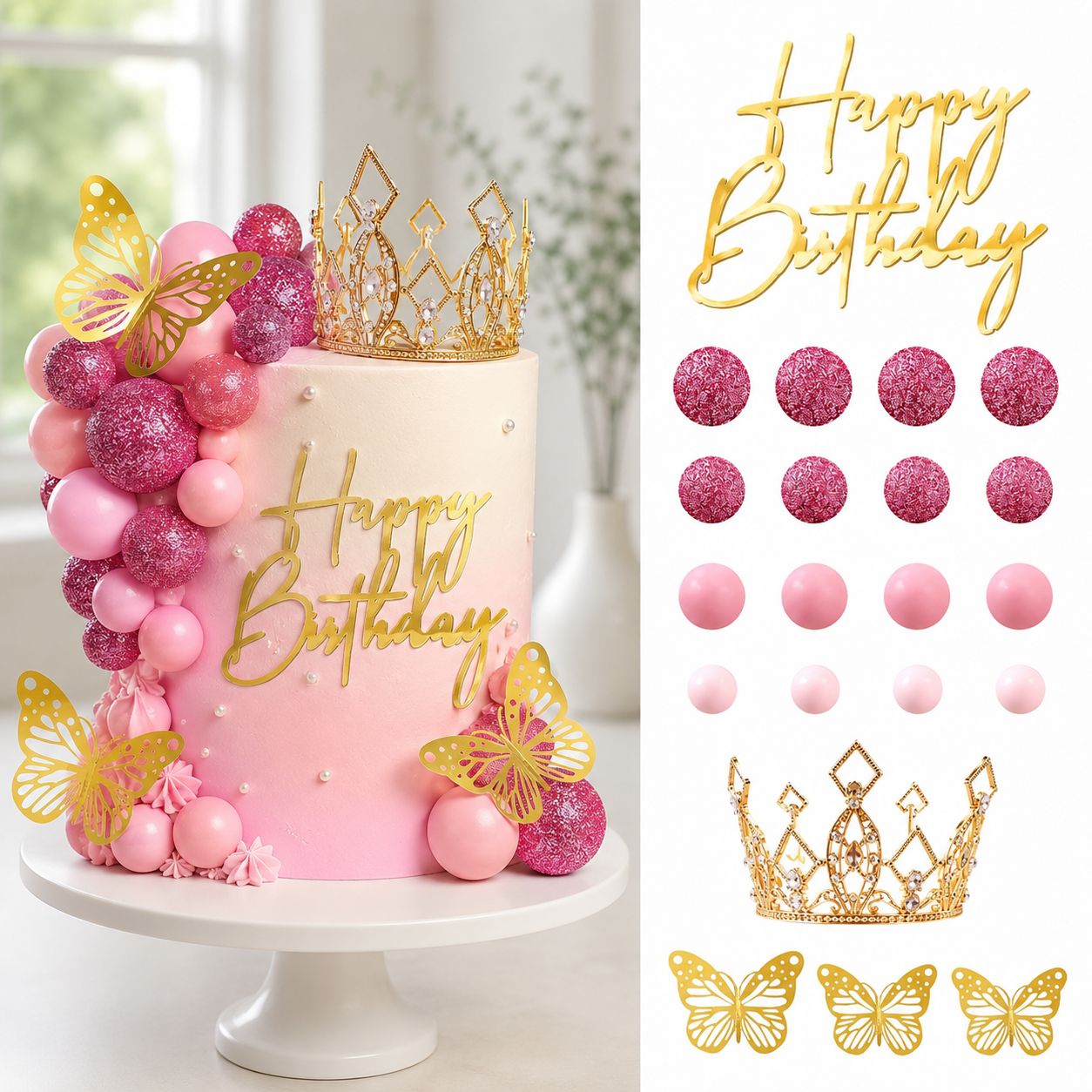 Crown Cake Topper Set 42Pcs Happy Birthday Gold Pink Silver Butterfly Decorations for Wedding Baby Shower Party Celebration GIft