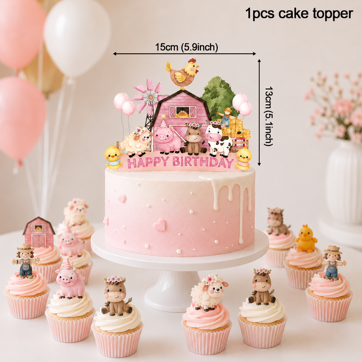 Pink Farm Animals Birthday Decor Disposable Tableware Set Paper Banner Floral Plates Baby Shower Girl Birthday Party Decorations