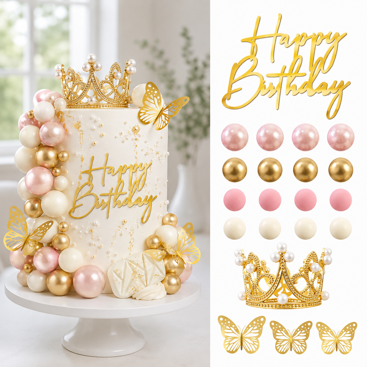 Crown Cake Topper Set 42Pcs Happy Birthday Gold Pink Silver Butterfly Decorations for Wedding Baby Shower Party Celebration GIft