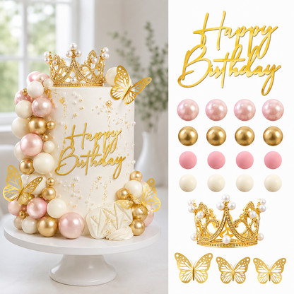 Crown Cake Topper Set 42Pcs Happy Birthday Gold Pink Silver Butterfly Decorations for Wedding Baby Shower Party Celebration GIft