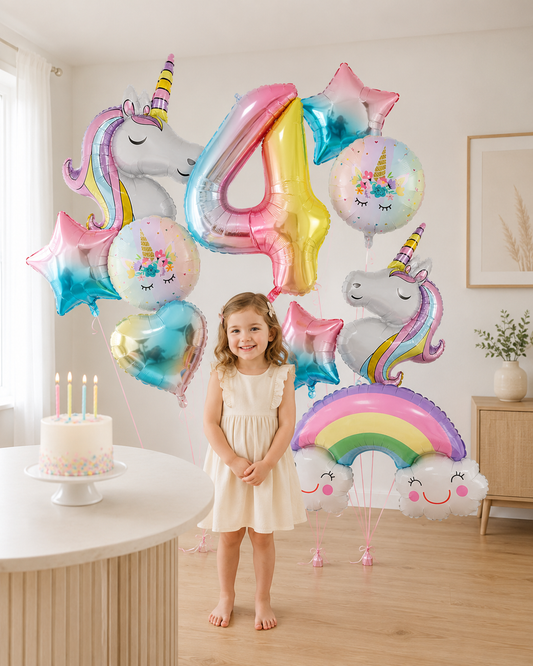 1set Rainbow Unicorn Girl Balloon Aluminum Film Balloon Set with Smiling Rainbow Foil 1st Newborn Party Decoration Supplies