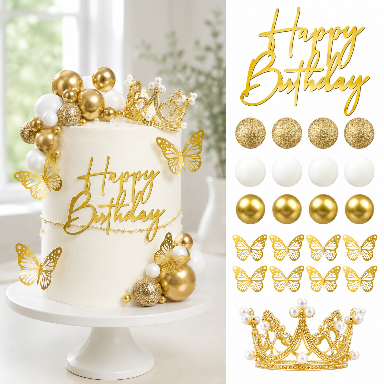 Crown Cake Topper Set 42Pcs Happy Birthday Gold Pink Silver Butterfly Decorations for Wedding Baby Shower Party Celebration GIft