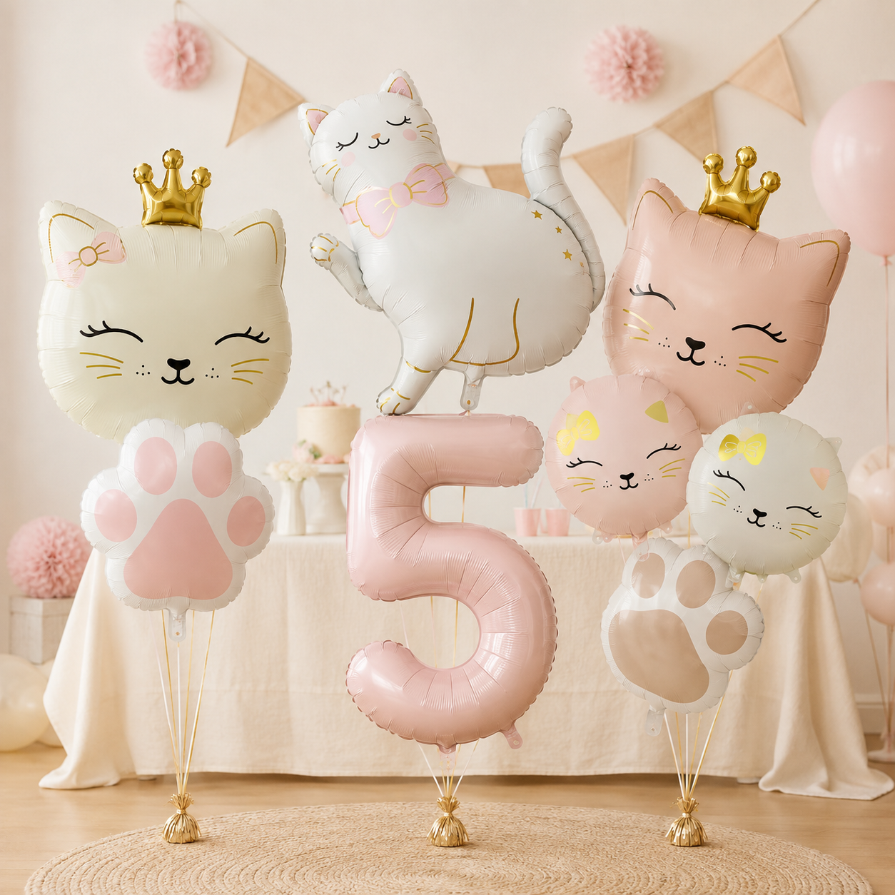 Ballons Anniversaire Chat Rose avec Chiffre | Lot de 7 pièces