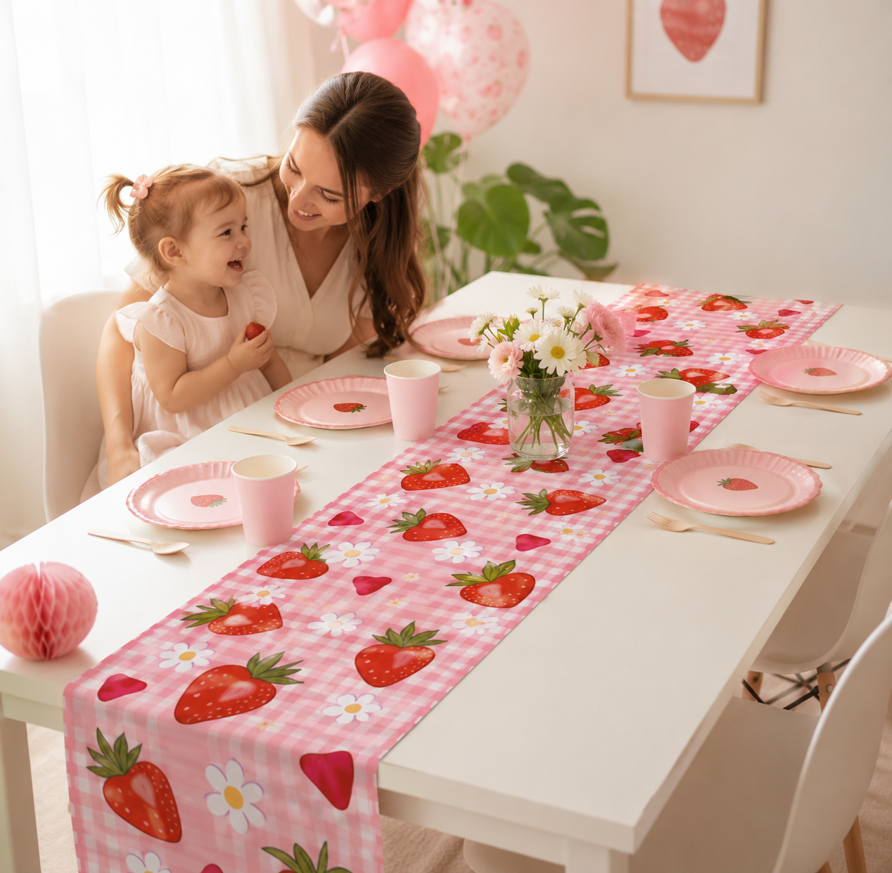 1 Piece Strawberry and White Flower Design Table Runner, Suitable for Farmhouse, Indoor, Kitchen, Celebrations, Table Decoration, Restaurant and Banquet Decoration Supplies