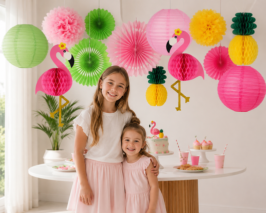 13Pcs Flamingo Party Supplies, Hawaiian Party Decorations Flamingo and Pineapple Honeycomb Balls, Paper Lanterns, Paper Fans, Pom-Poms, Flowers for Birthday, Hawaiian Tropical Bachelor Party
