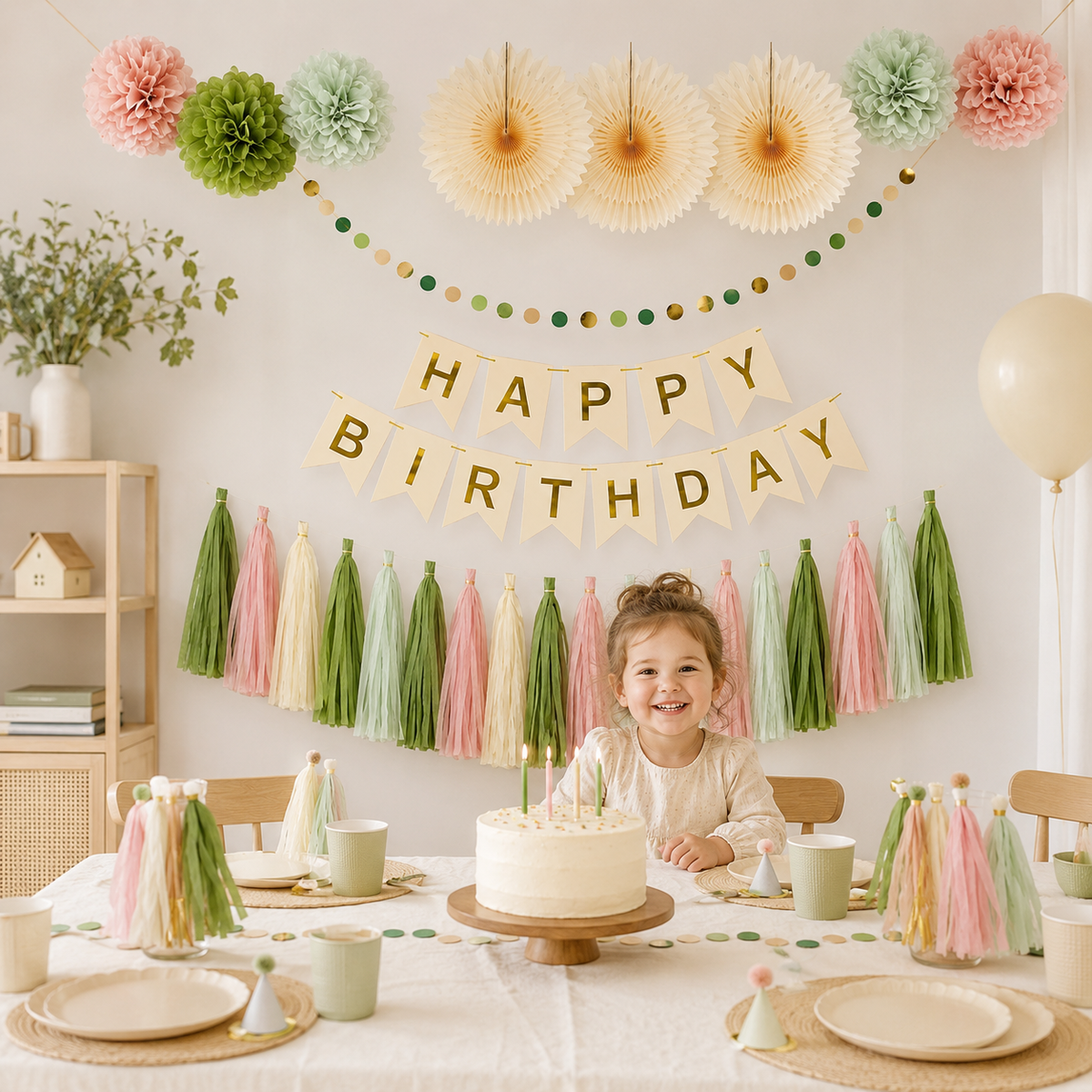 Kit Décoration Anniversaire | Guirlande, Fanions & Pompons Vert et Rose