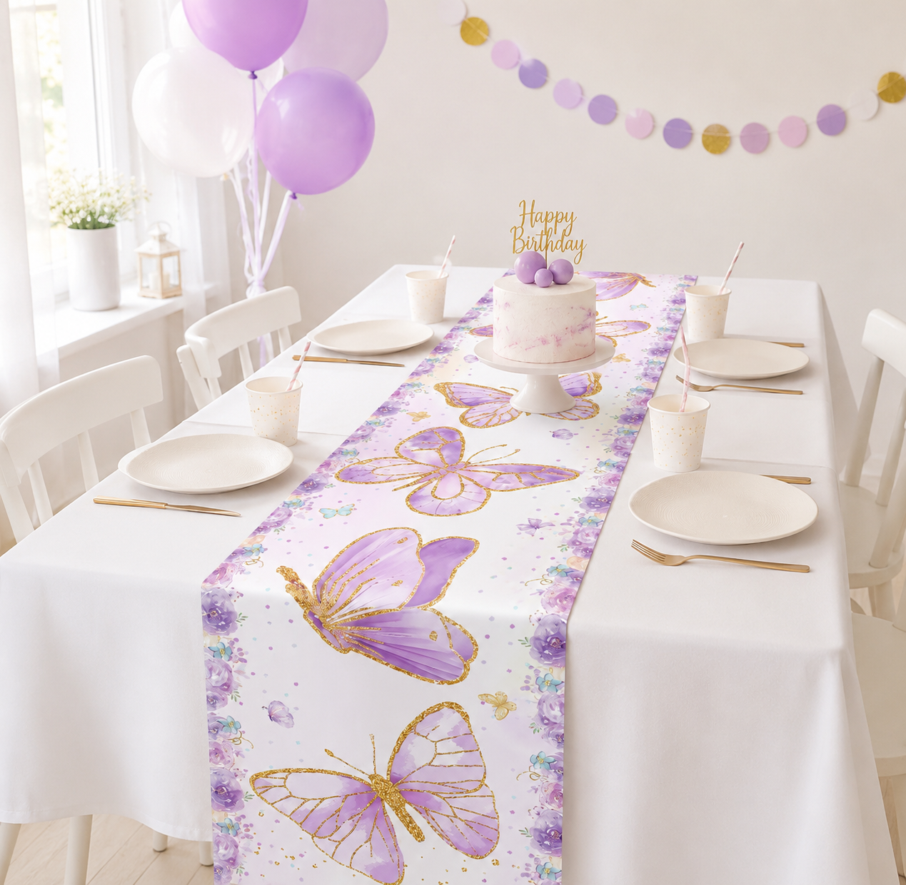 180x35cm Purple Butterfly Table Runner For Birthday Party Decor Wedding Birthday Party Supplies Home Holiday Table Decor