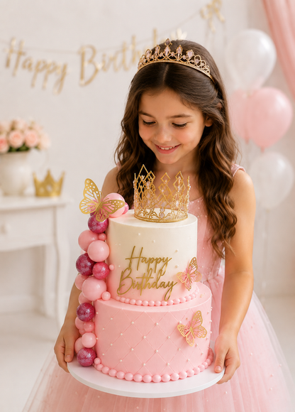 Crown Cake Topper Set 42Pcs Happy Birthday Gold Pink Silver Butterfly Decorations for Wedding Baby Shower Party Celebration GIft