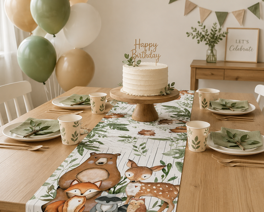 Woodland Animals Linen Table Runner Birthday Party Decor Forest Bear Fox Deer Green Leaves Table Runners Dining Table Home Decor
