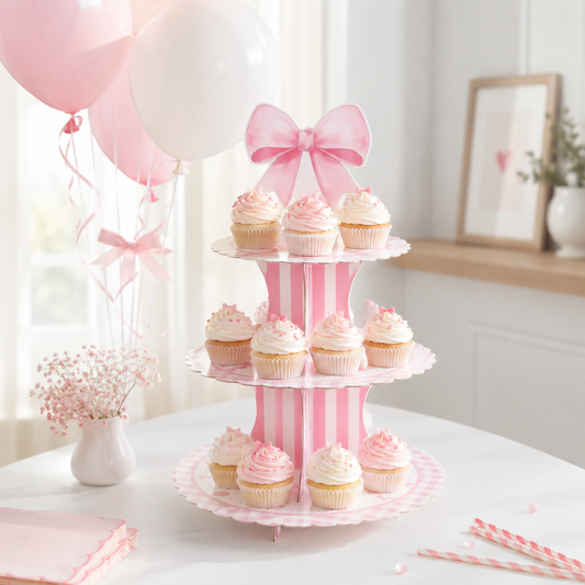 Pink Bow Disposable Cake Stand Theme Birthday Party Decoration Girl for Coquette Birthday Bridal Party Supplies Cake Decorations