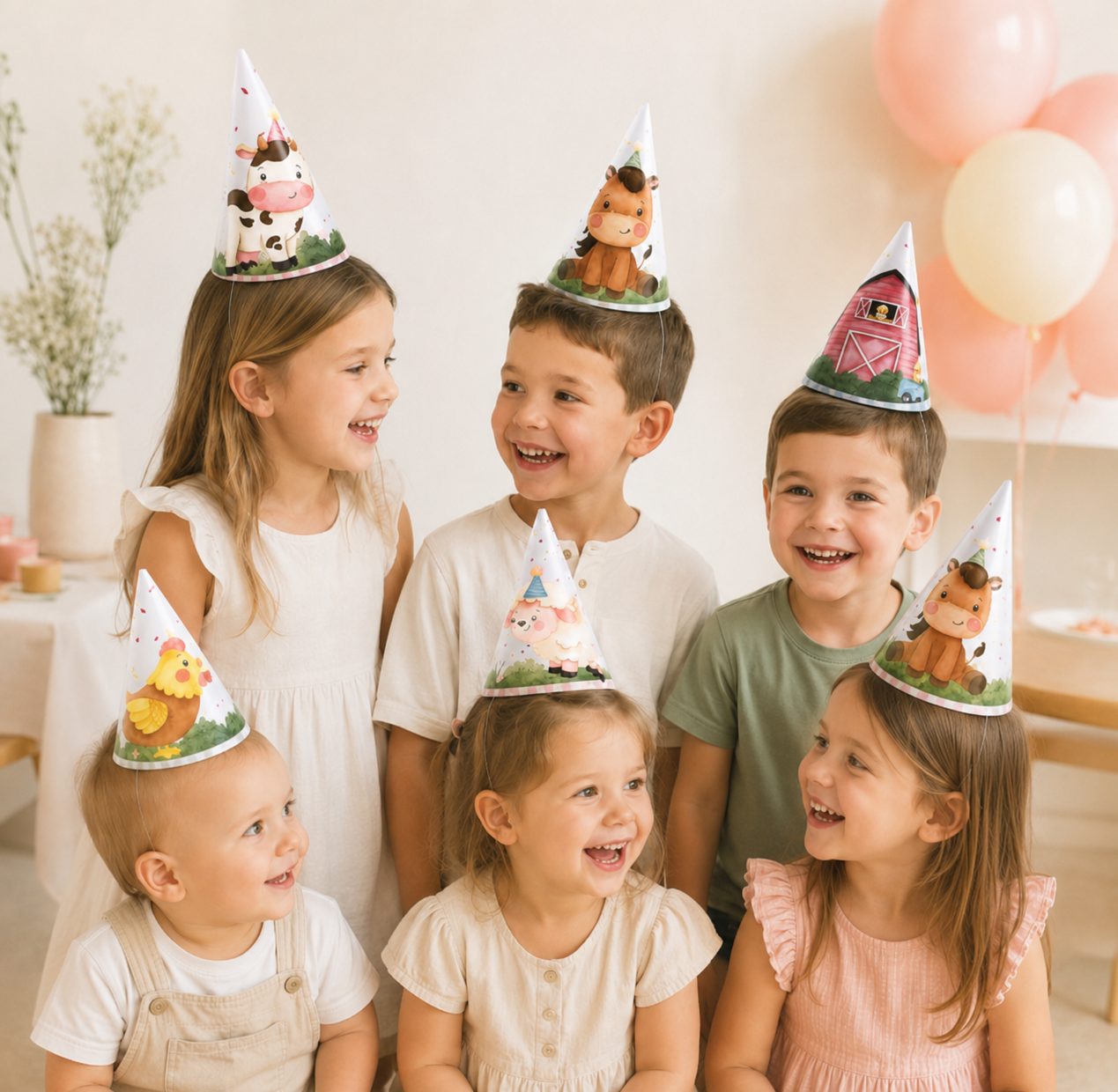 6pcs Farm Animal Paper Hat Carton Birthday Hats For Kids Farmland Animal Happy Birthday Party Decorations DIY Party Supplies