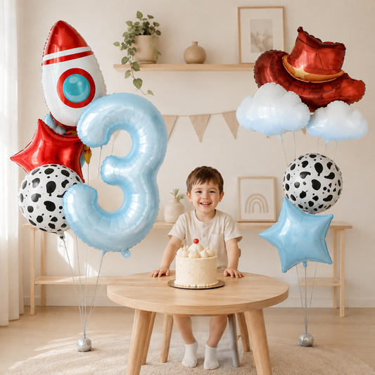 Ballon d'Anniversaire Western & Fusée | Lot 9 Pièces