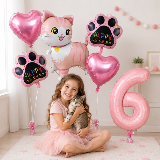 Cat Party Balloons Set Pink Blue Kitten Cat's Paw Foil Balloon with 32'' Number Balloons for Boy Girl 1-9th Birthday Party Decor