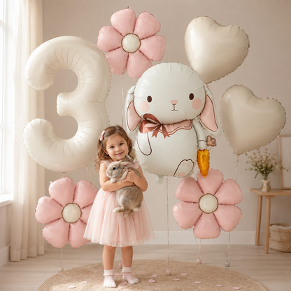 Ballons Anniversaire Lapin & Fleurs | Lot de 7 Pièces