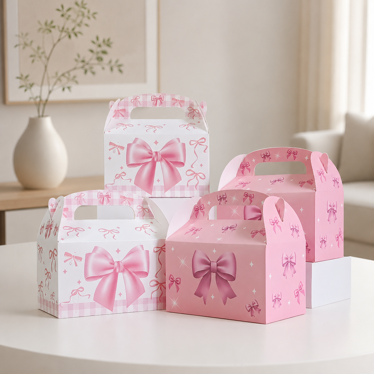 12/24pcs Pink Bow Kraft Paper Gift Box Handheld Kids Packaging Cake Candy Biscuits Storage Baking Birthday Party Favor
