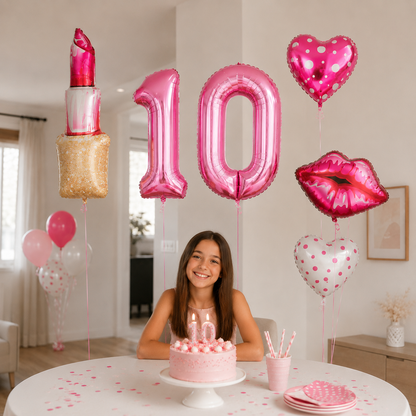 Ballons Anniversaire Rouge à Lèvres Rose | Lot de 9 Pièces
