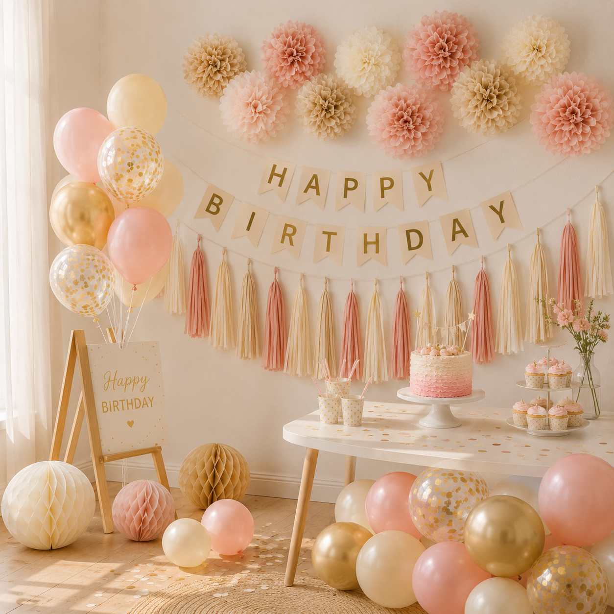 Décoration Anniversaire Rose & Doré | Guirlande, Fanions, Ballons & Pompons