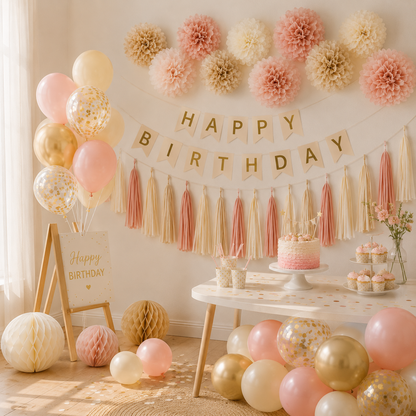 Décoration Anniversaire Rose & Doré | Guirlande, Fanions, Ballons & Pompons