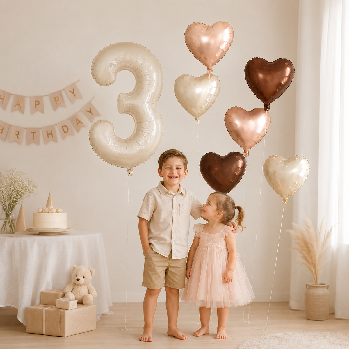 Ballon Chiffre Anniversaire Crème | Cœurs | Lot de 7 Pièces