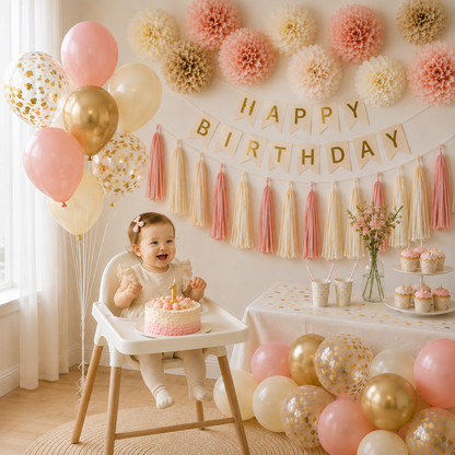 Décoration Anniversaire Rose & Doré | Guirlande, Fanions, Ballons & Pompons