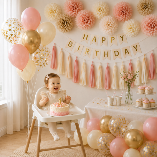 Décoration Anniversaire Rose & Doré | Guirlande, Fanions, Ballons & Pompons