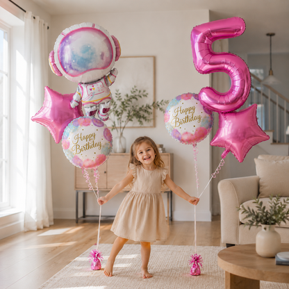 Ballons Anniversaire Astronaute Rose avec Chiffre 32 pouces | Lot de 6 pièces