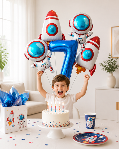1Set Galaxy Space Balloons Blue 32inchNumber Balloons Rocket Astronaut Balloons for Boys Galaxy Themed Party Birthday Decoration