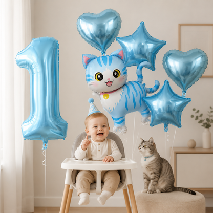 Cat Party Balloons Set Pink Blue Kitten Cat's Paw Foil Balloon with 32'' Number Balloons for Boy Girl 1-9th Birthday Party Decor