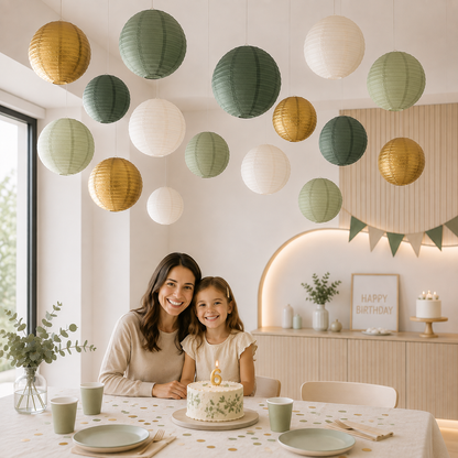 15-Piece Set of Paper Lantern Decorations, Round Hanging Paper Lantern Decorations, Suitable for Country Parties, Bridal Showers, Weddings, Gray-Green Birthday Party Supplies in Gold/Ivory/Grey-Green, Party Supplies, Ceiling