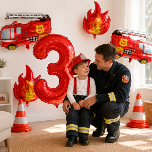 1Set Fire Truck Balloons Set Red 32Inch Number Balloon Flame Balloons For Baby Shower Firefighter Birthday Party Decoration