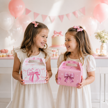 12/24pcs Pink Bow Kraft Paper Gift Box Handheld Kids Packaging Cake Candy Biscuits Storage Baking Birthday Party Favor