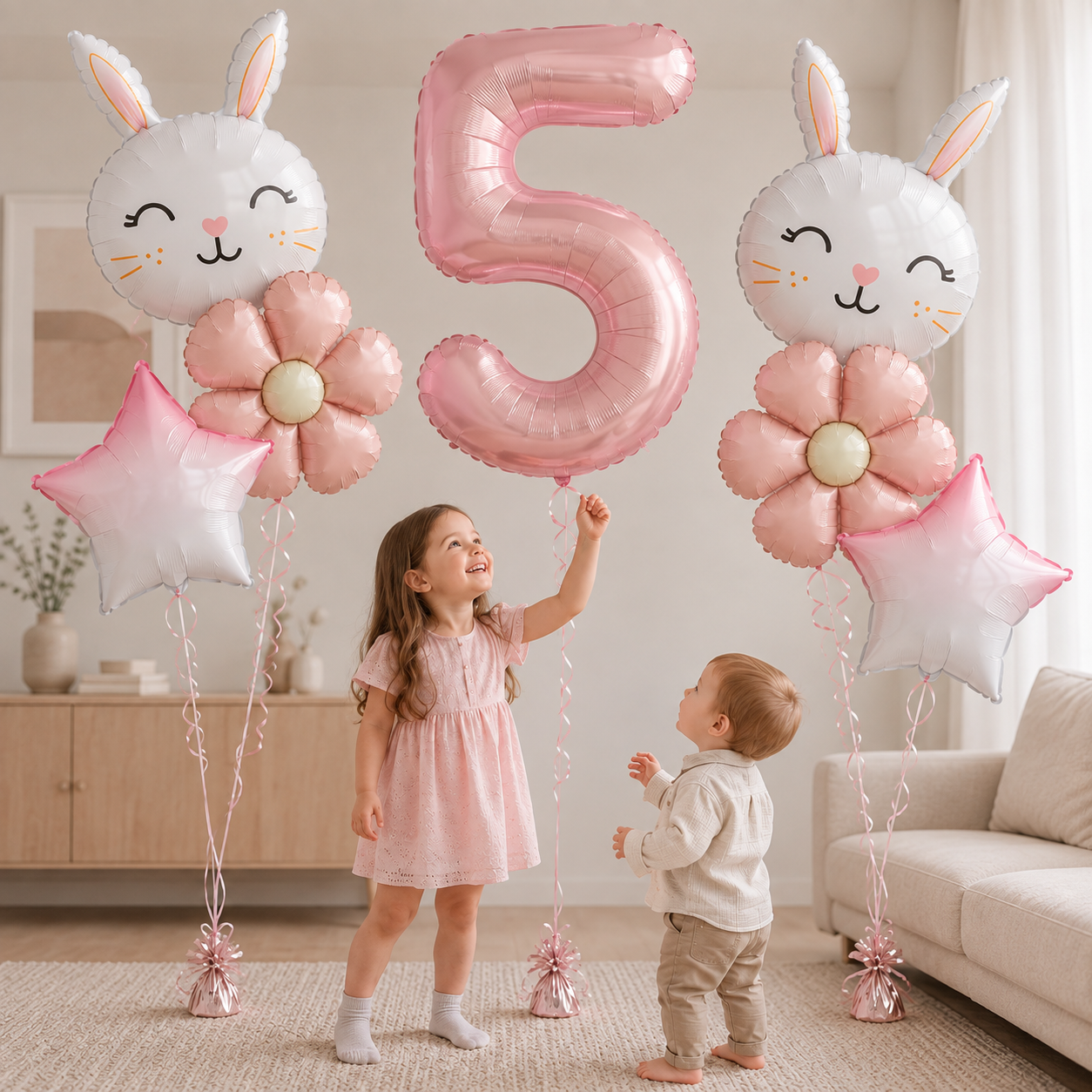 7pcs/set Easter Themed Cartoon Rabbit Matte Pink Daisy Balloon 32inch Number 1-9 Balloon Birthday Party Decoration Kids Toys