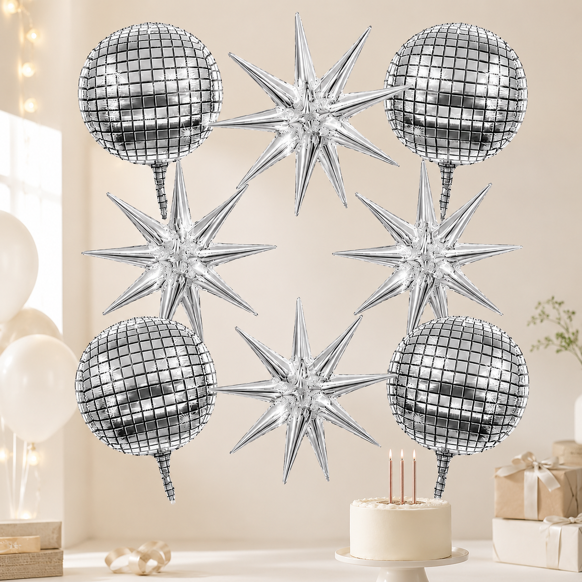 Ballon anniversaire boule disco etoile gateau bougie cadeaux