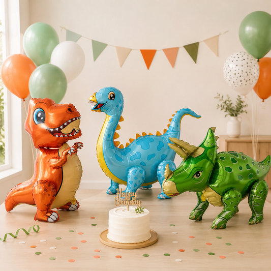 Ballon anniversaire dinosaures orange bleu vert gateau confetti ballon helium banderole