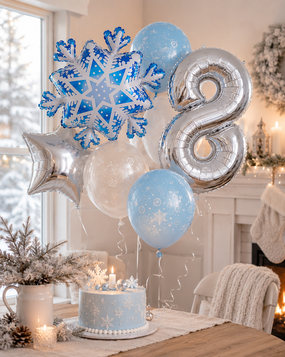 Ballon anniversaire flocon neige etoile chiffre huit ambiance hivernale