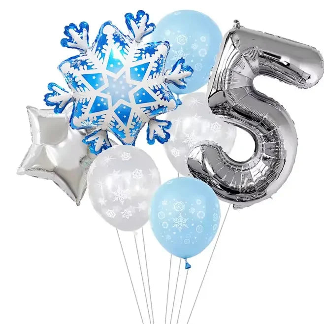 Ballon anniversaire flocon neige latex etoile chiffre 5 argent