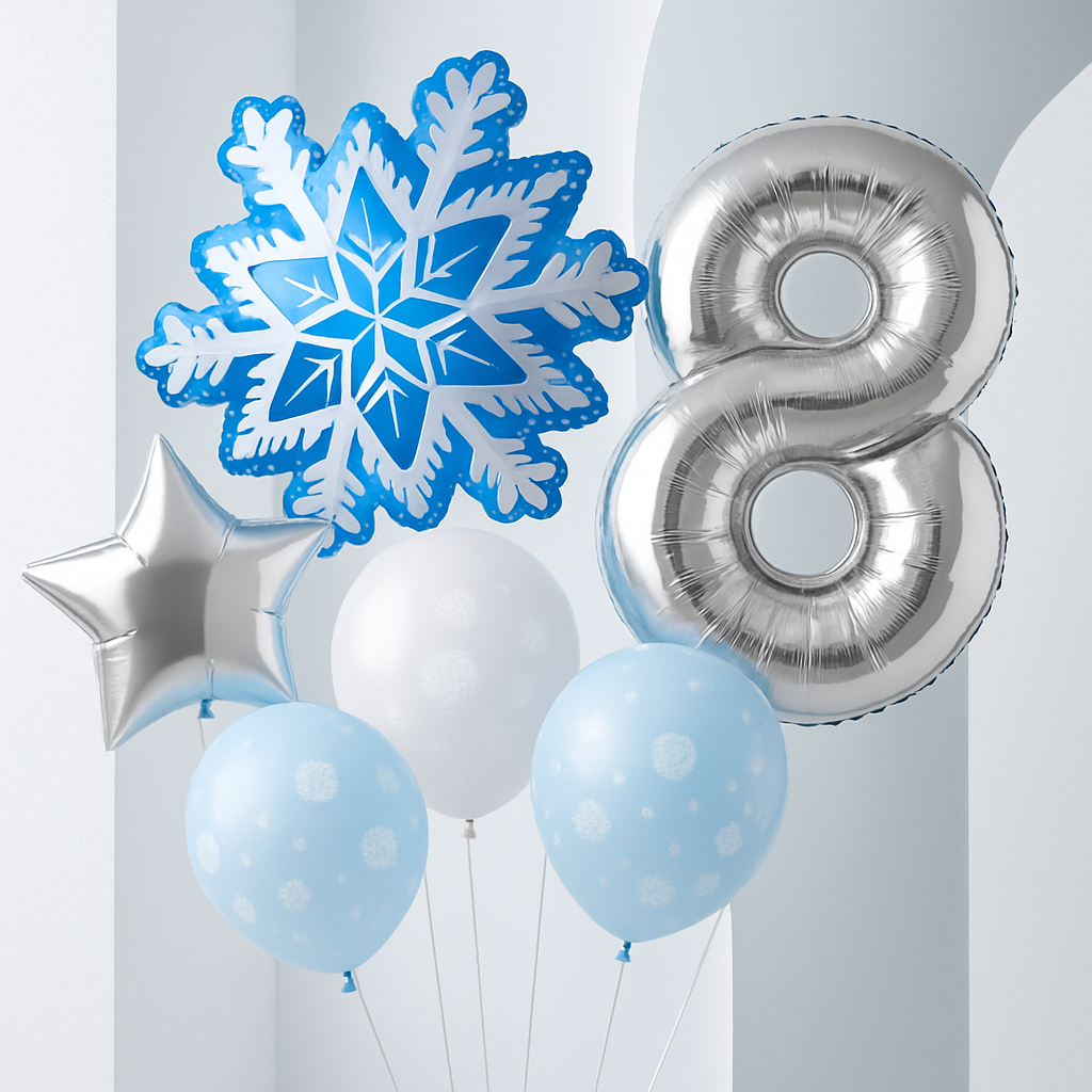 Ballon anniversaire flocon neige latex etoile chiffre huit argent fond gris