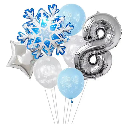 Ballon anniversaire flocon neige latex etoile chiffre 8 argent
