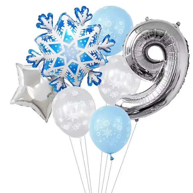 Ballon anniversaire flocon neige latex etoile chiffre 9 argent