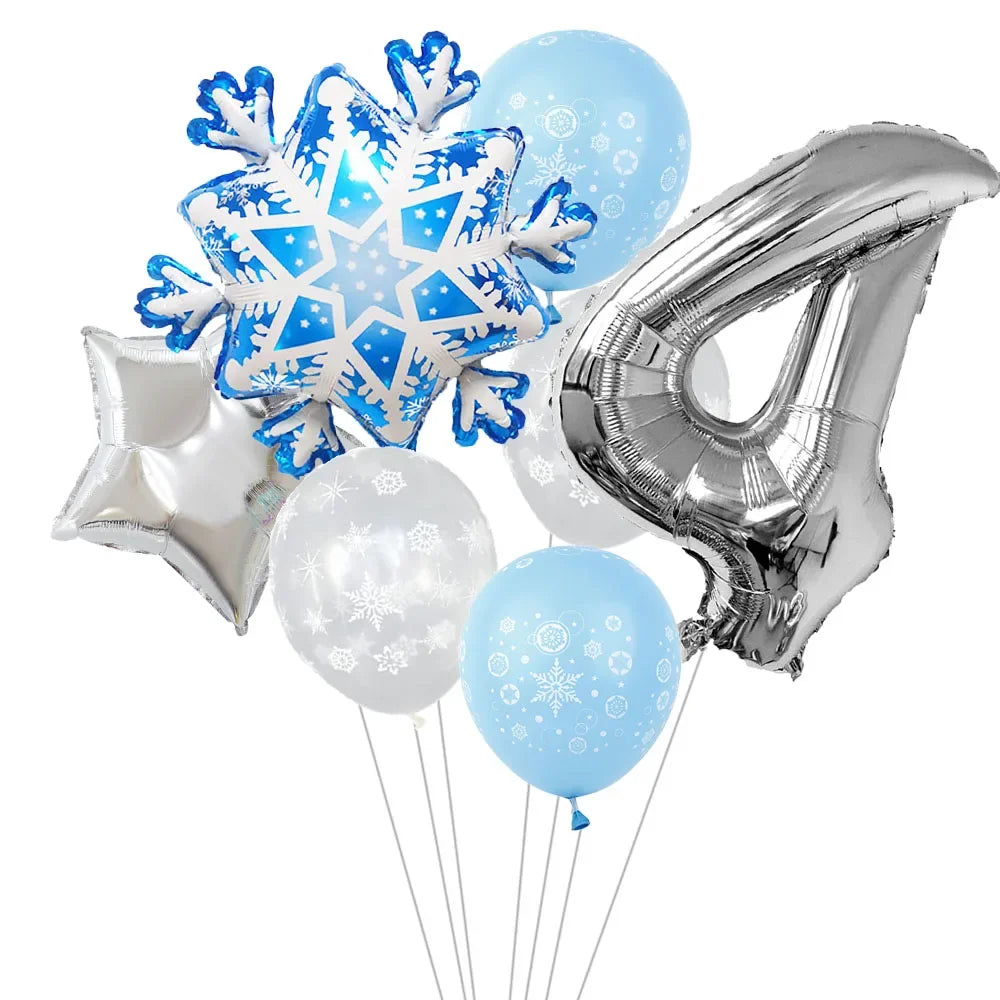 Ballon anniversaire flocon neige latex etoile chiffre 4 argent