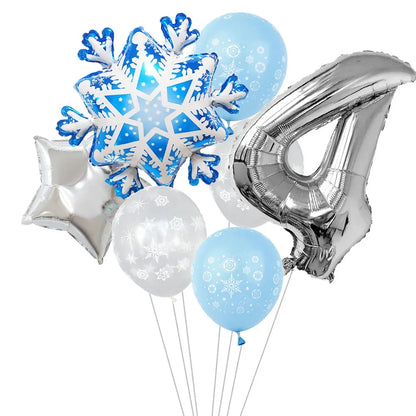 Ballon anniversaire flocon neige latex etoile chiffre 4 argent