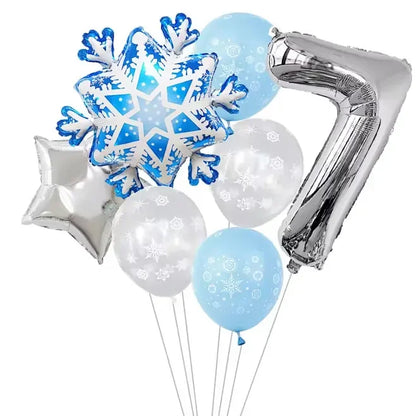Ballon anniversaire flocon neige latex etoile chiffre 7 argent