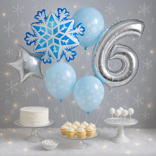 Ballon anniversaire flocon neige latex etoile chiffre six argent table dessert cupcakes gateau