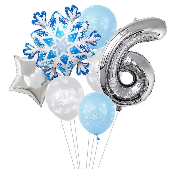 Ballon anniversaire flocon neige latex etoile chiffre 6 argent
