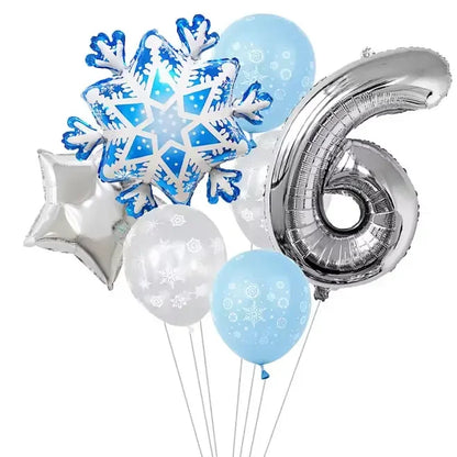Ballon anniversaire flocon neige latex etoile chiffre 6 argent