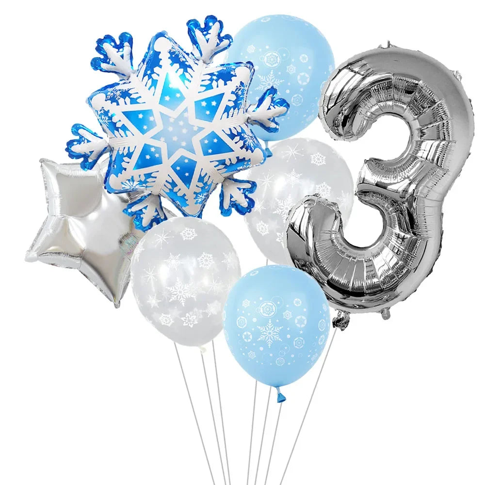 Ballon anniversaire flocon neige latex etoile chiffre 3 argentt