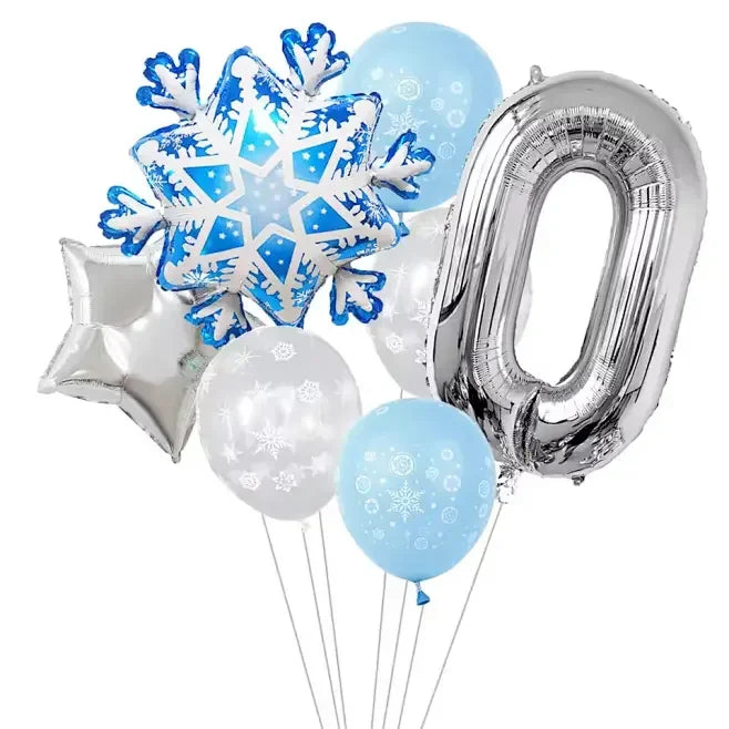 Ballon anniversaire flocon neige latex etoile chiffre 0 argent